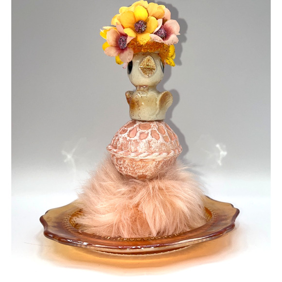 Vintage Mini Ceramic Chick Flower Hat Faux Fur Orange Carnival Glass Plate OOAK - Picture 5 of 16